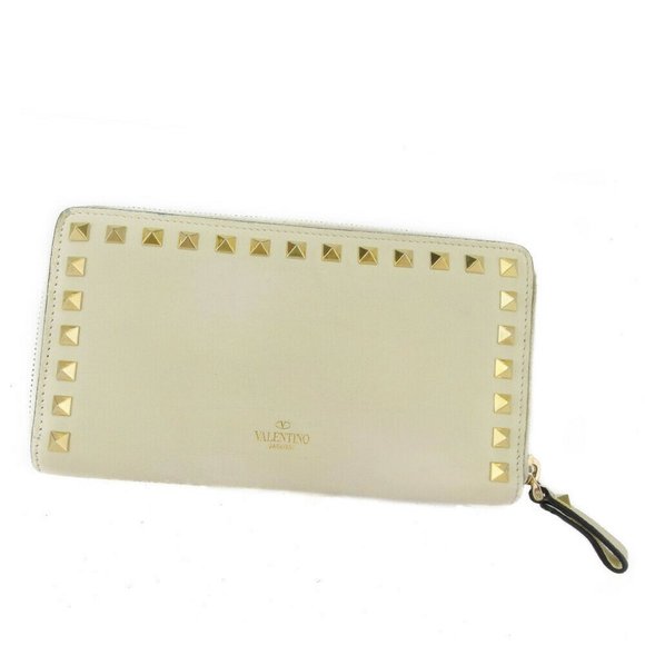 VALENTINO GARAVANI wallet Studded beige leather Auth used T18138 - Picture 1 of 8